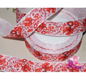 Репсовая лента с рисунком " Красный узор" 25мм -1 м