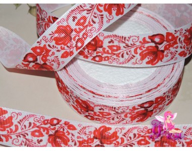 Репсовая лента с рисунком " Красный узор" 25мм -1 м