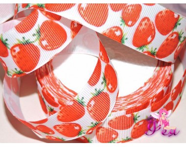 Репсовая лента с рисунком "Клубника"  25мм - 1м