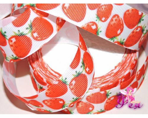 Репсовая лента с рисунком "Клубника"  25мм - 1м